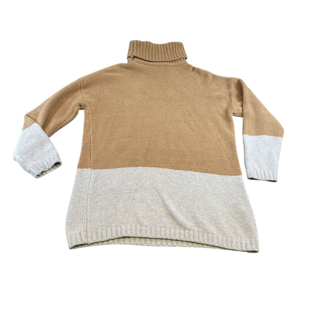 BCBGMAXAZRIA Turtleneck Color Block Pullover Sweater Knitwear Tan Cream S